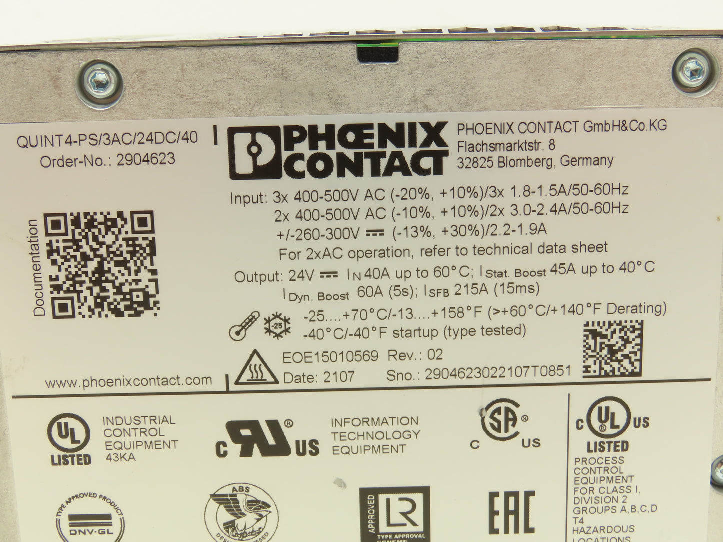 Phoenix Contact QUINT4-PS/3AC/24DC/40 Quint Power Supply 24VDC Out EOE15010569