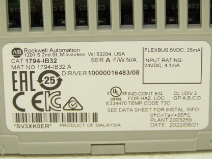 Allen-Bradley 1794-IB32 Input Module I/O 32 Point 24VDC Ser A W/Base 1794-TB32