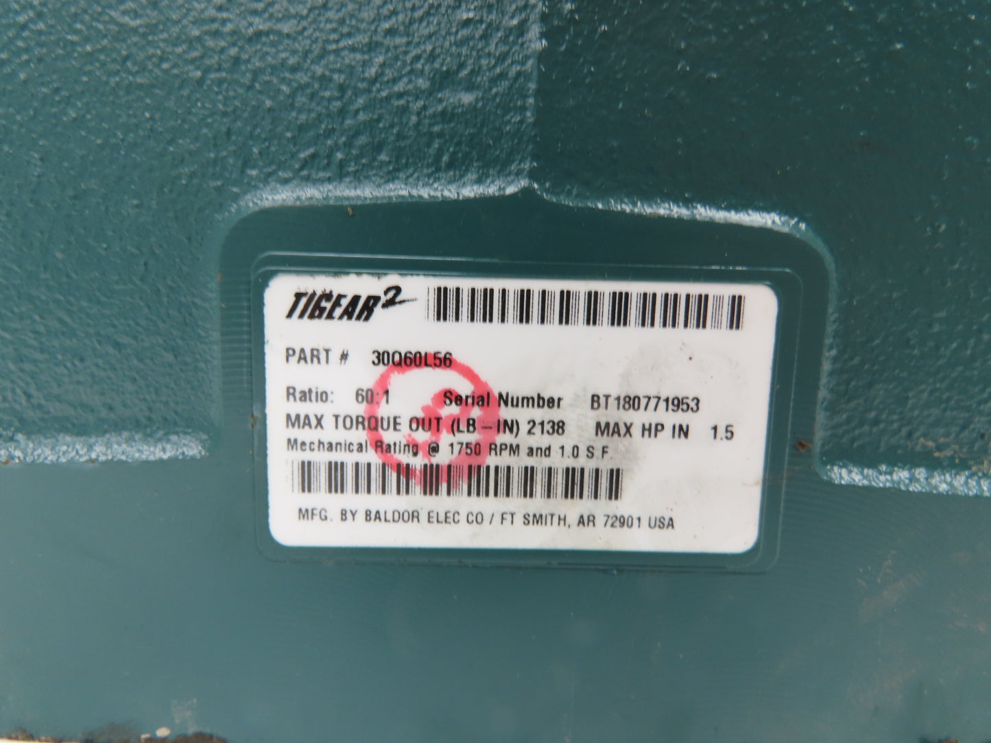 Baldor-Dodge 30Q60L56 Tigear 2 Worm Gearbox 60:1 Reducer 1.5Hp 29rpm 56C LH Out