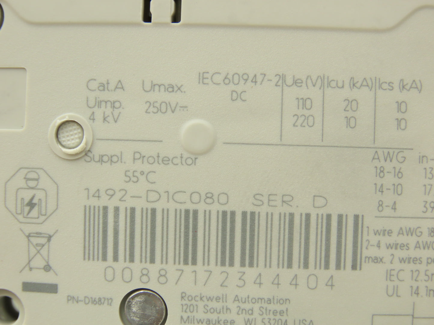 Allen Bradley 1492-D1C080 Mini Circuit Breaker 8A 1-Pole 220V 1PH Ser D Lot of 2