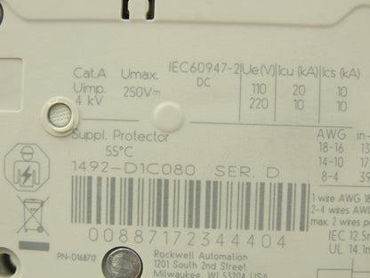 Allen Bradley 1492-D1C080 Mini Circuit Breaker 8A 1-Pole 220V 1PH Ser D Lot of 2