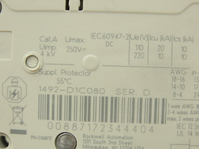 Allen Bradley 1492-D1C080 Mini Circuit Breaker 8A 1-Pole 220V 1PH Ser D Lot of 2