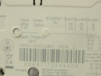 Allen Bradley 1492-D1C080 Mini Circuit Breaker 8A 1-Pole 220V 1PH Ser D Lot of 2