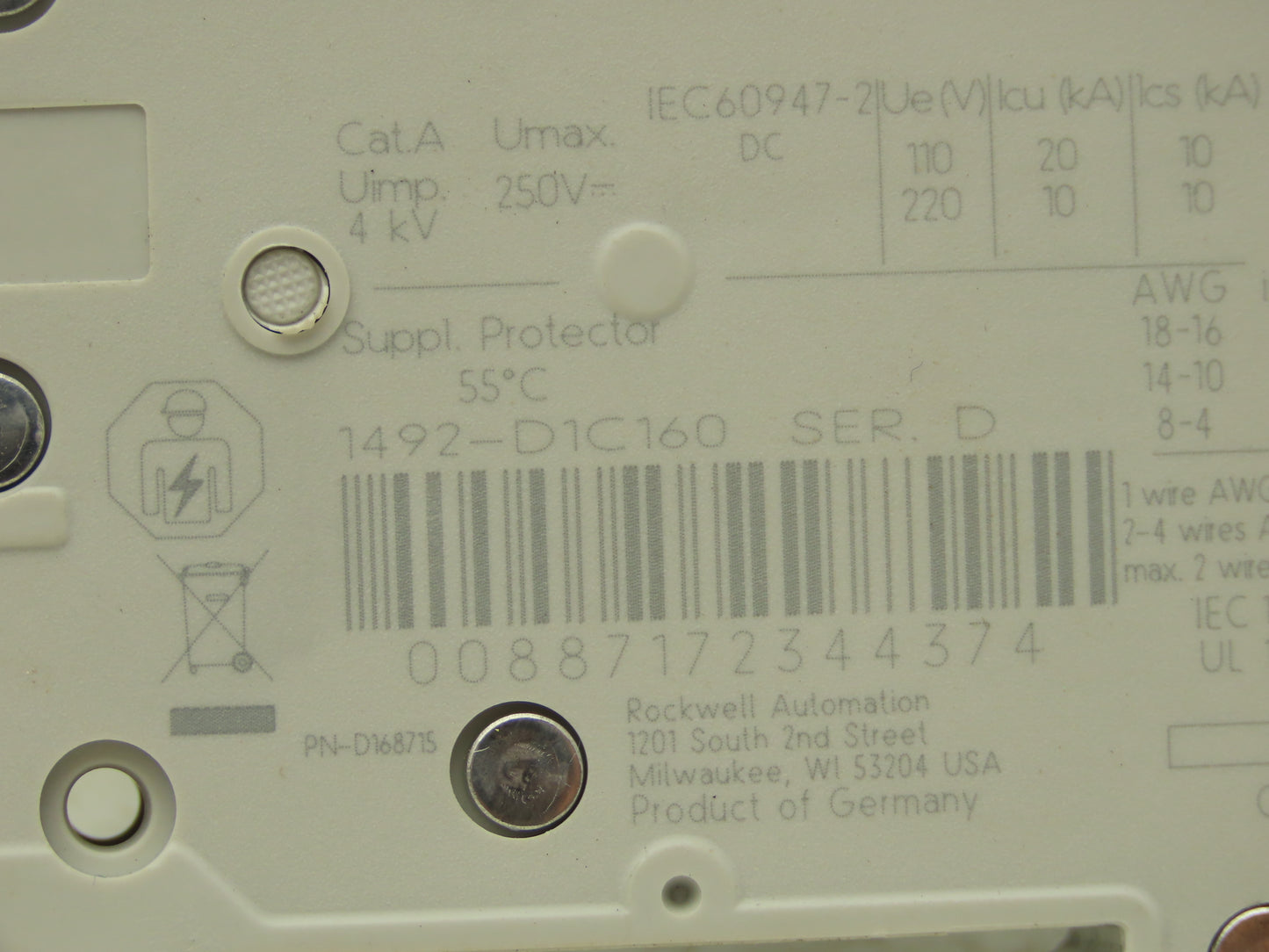 Allen Bradley 1492-D1C160 Mini Circuit Breaker 16A 1-Pole 220V 1PH Lot of 4