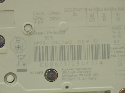 Allen Bradley 1492-D1C160 Mini Circuit Breaker 16A 1-Pole 220V 1PH Lot of 4