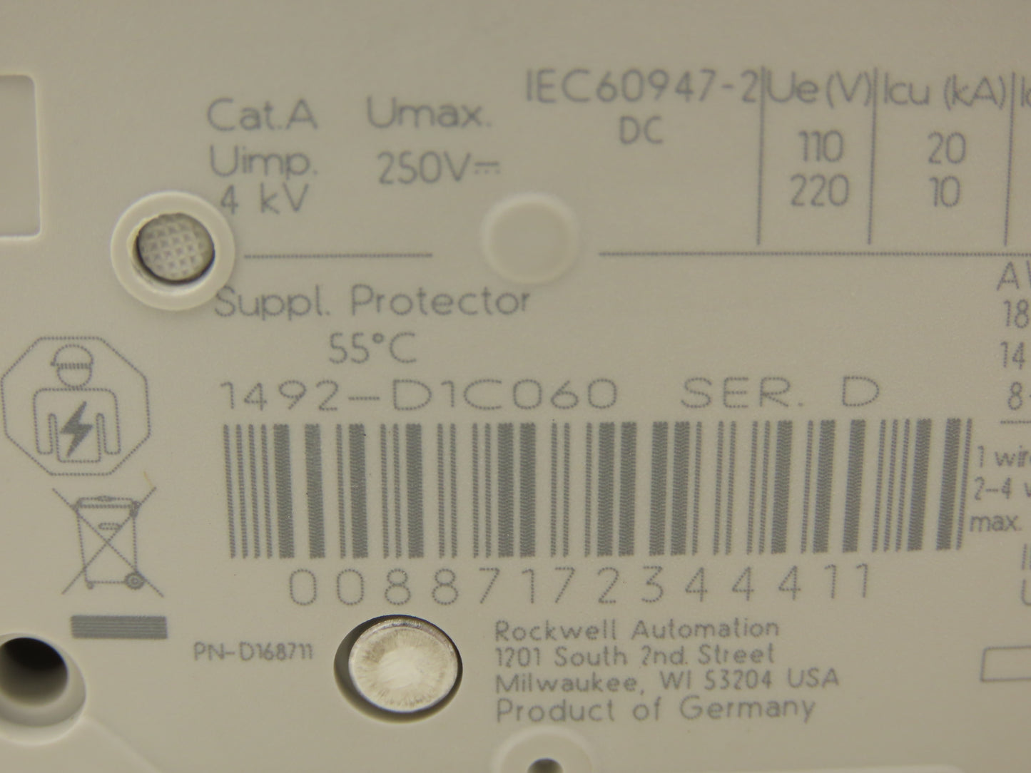 Allen Bradley 1492-D1C060 Mini Circuit Breaker 6A 1-Pole 220V 1PH Ser D Lot of 2
