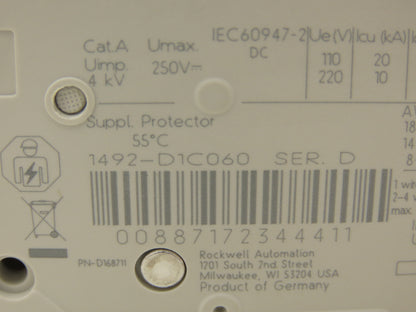 Allen Bradley 1492-D1C060 Mini Circuit Breaker 6A 1-Pole 220V 1PH Ser D Lot of 2