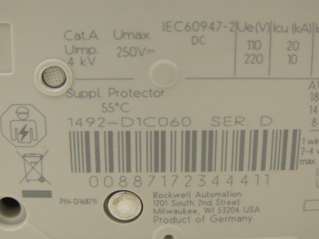 Allen Bradley 1492-D1C060 Mini Circuit Breaker 6A 1-Pole 220V 1PH Ser D Lot of 2