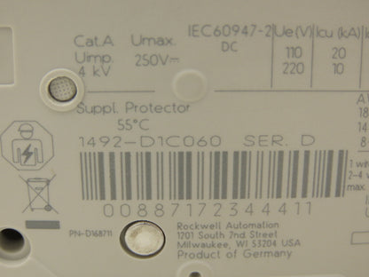 Allen Bradley 1492-D1C060 Mini Circuit Breaker 6A 1-Pole 220V 1PH Ser D Lot of 2