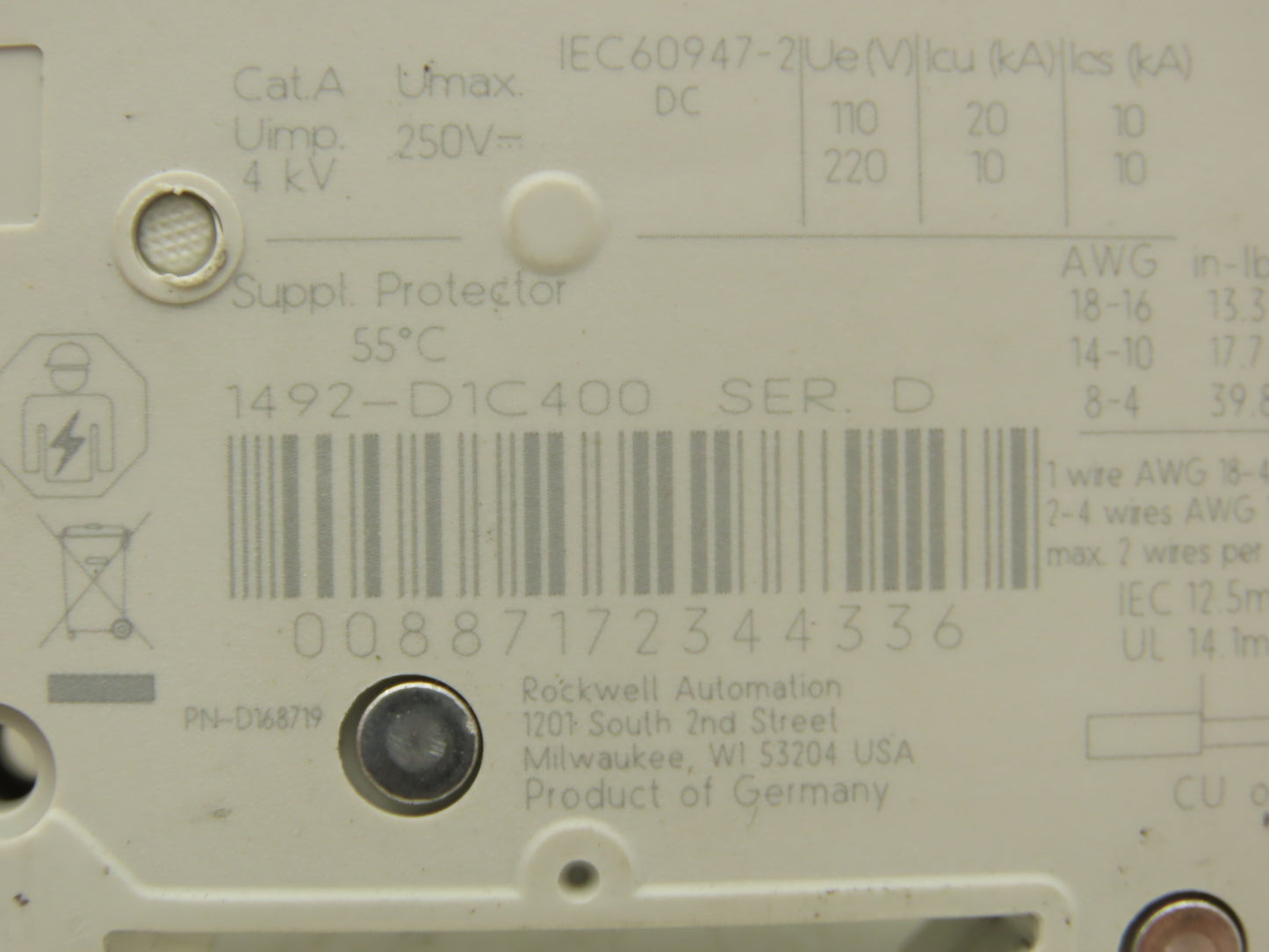 Allen Bradley 1492-D1C400 Mini Circuit Breaker 40A 1-Pole 220V Ser D Lot of 2