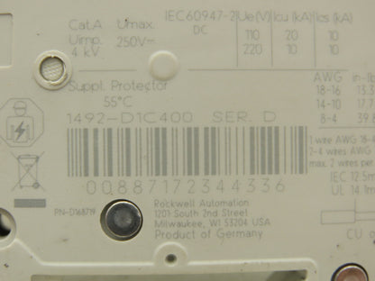 Allen Bradley 1492-D1C400 Mini Circuit Breaker 40A 1-Pole 220V Ser D Lot of 2