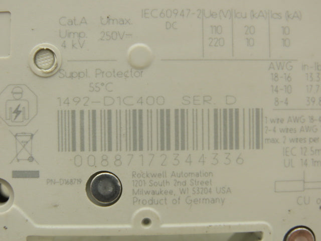 Allen Bradley 1492-D1C400 Mini Circuit Breaker 40A 1-Pole 220V Ser D Lot of 2