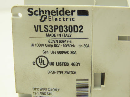 Schneider Electric VLS3P030D2 Disconnect Switch Non Fusible 30Hp 30A 600VAC 3Ph