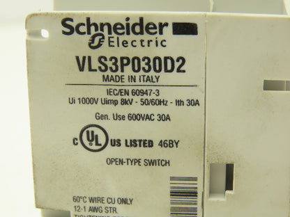 Schneider Electric VLS3P030D2 Disconnect Switch Non Fusible 30Hp 30A 600VAC 3Ph