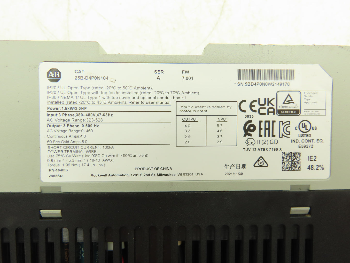 Allen Bradley 25B-D4P0N104 PowerFlex 525 AC Drive 1.5kW 2Hp 380-480V 3ph Ser A