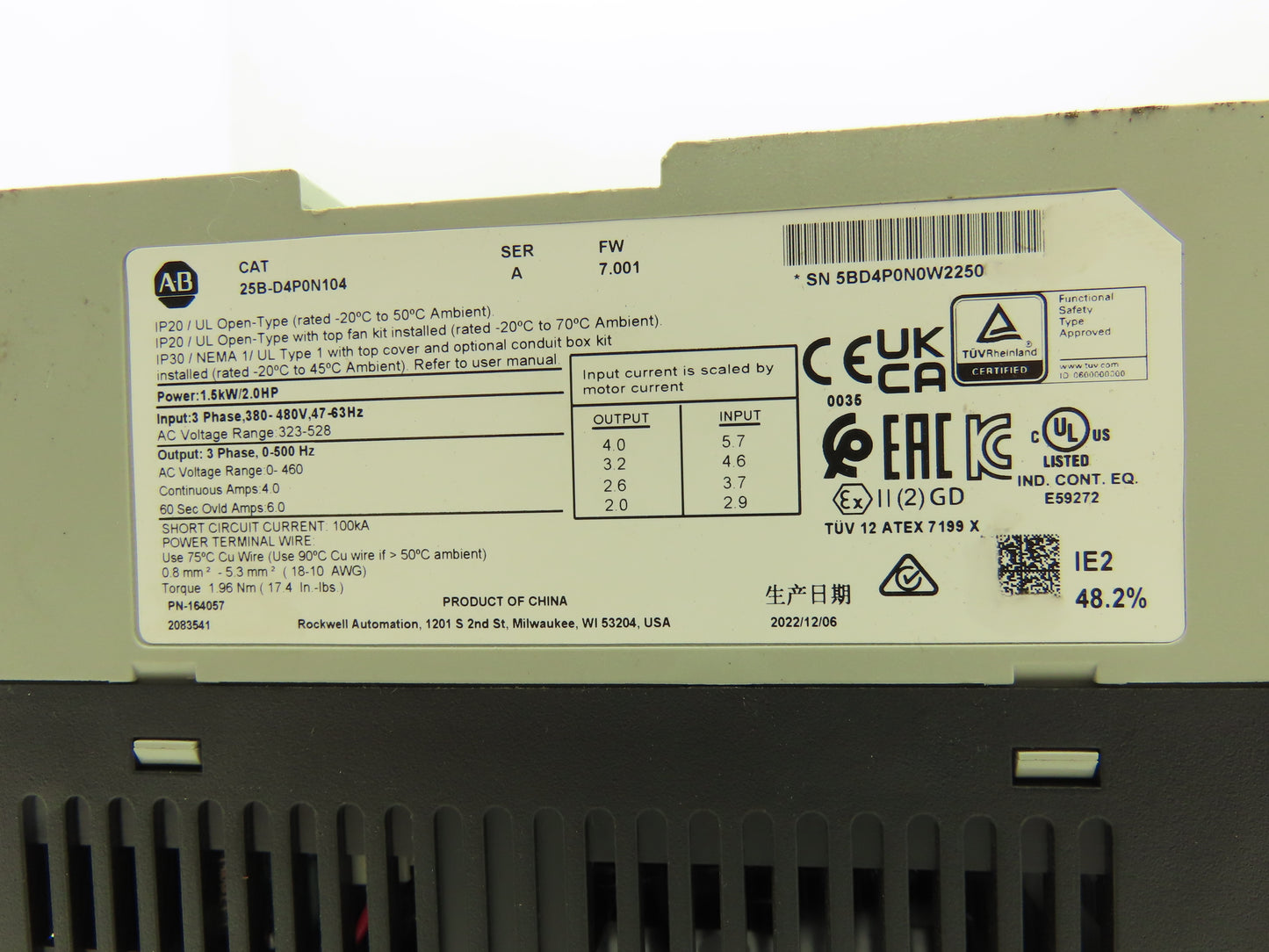 Allen Bradley 25B-D4P0N104 PowerFlex 525 AC Drive 1.5kW 2Hp 380-480V 3ph Ser A