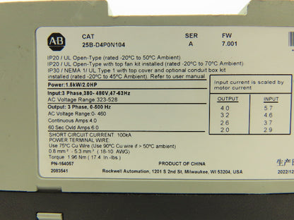 Allen Bradley 25B-D4P0N104 PowerFlex 525 AC Drive 1.5kW 2Hp 380-480V 3ph Ser A