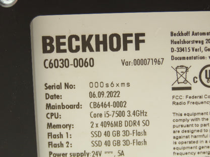 Beckhoff C6030 Ultra-Compact Industrial PC Core i5-7500 3.4GHz 24V 8192MB DDR4
