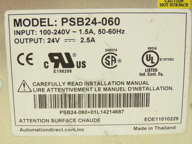 Rhino PSB24060 Power Supply 24VDC 2.5A Output 100-240VAC 1Ph 1.5A Input Lot of 4