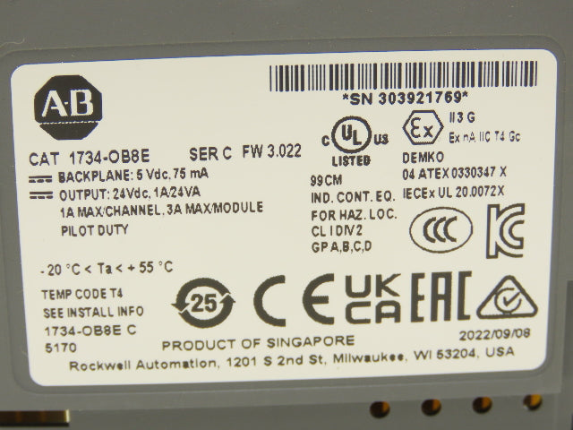 Allen Bradley 1734-OB8E PLC I/O Digital Output Module 8 Point 24V Ser C FW 3.022