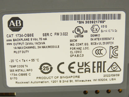 Allen Bradley 1734-OB8E PLC I/O Digital Output Module 8 Point 24V Ser C FW 3.022