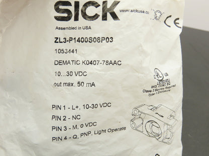 Sick ZL3-P1400S08P03 DEMATIC K0407-78AAC Photoelectric Sensor 10-30VDC Lot of 2