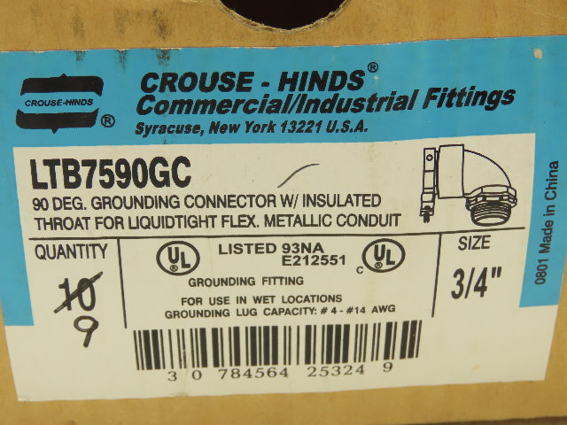 Crouse-Hinds LTB7590 90°  Male Liquid Tight Flex Conduit Box Connector Lot Of 9