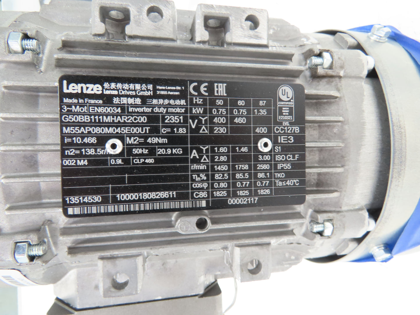 Eurosort Sorter Conveyor Flex Drive .75kw 230/460V Gearmotor G50BB111MHAR2C00