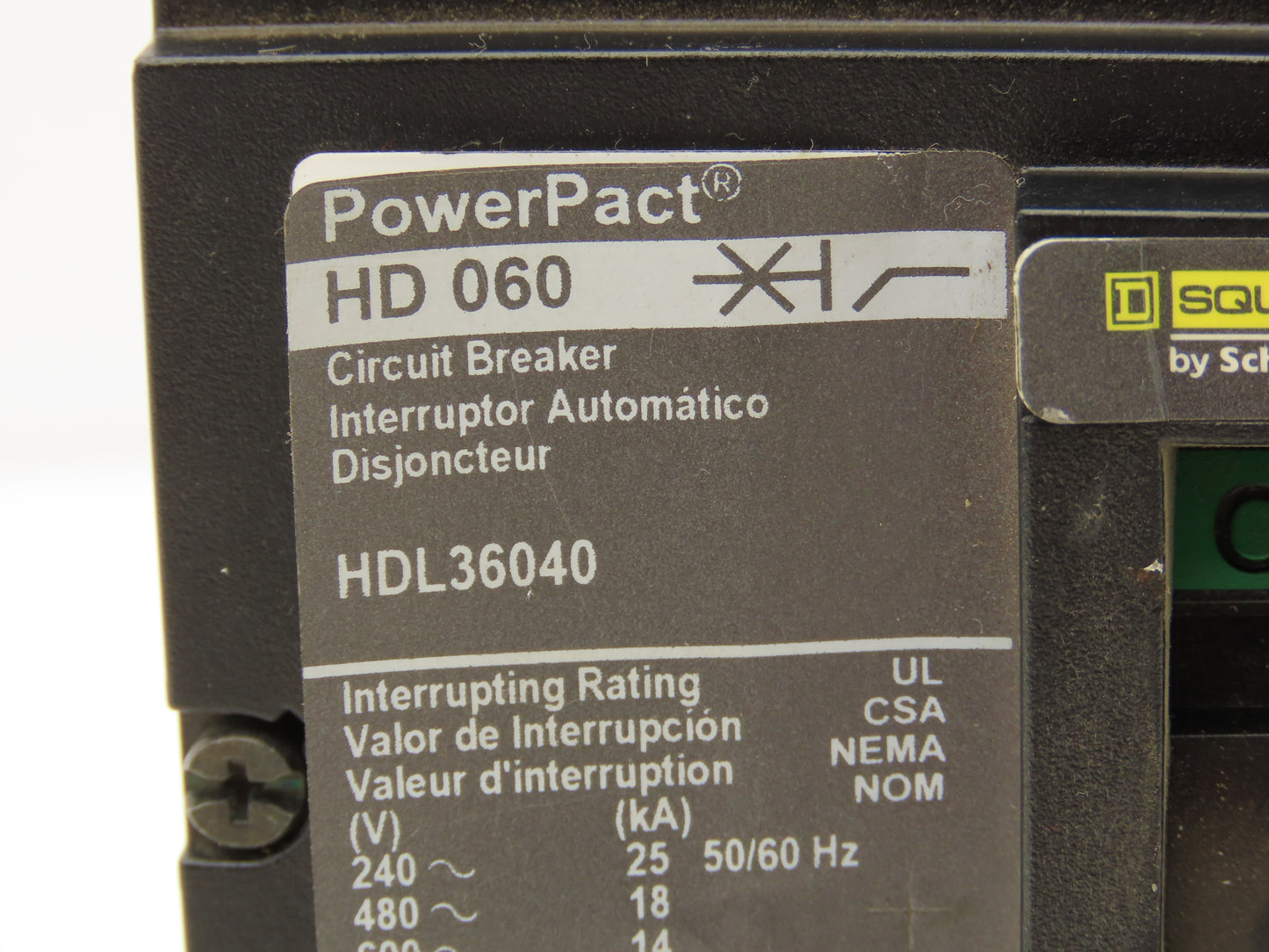 Square D HDL36040 PowerPact Circuit Breaker 40 Amp 3 Pole HD 060 Panel Mount