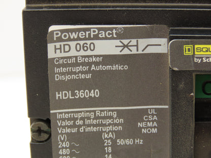 Square D HDL36040 PowerPact Circuit Breaker 40 Amp 3 Pole HD 060 Panel Mount