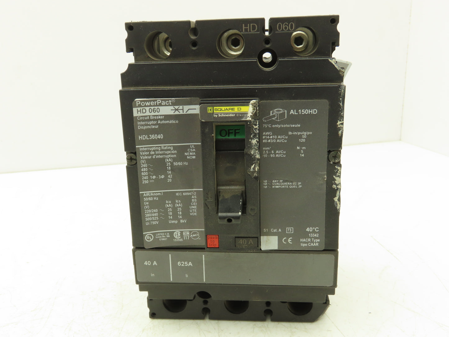 Square D HDL36040 PowerPact Circuit Breaker 40 Amp 3 Pole HD 060 Panel Mount