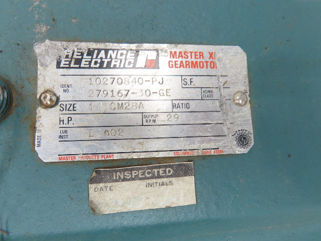 Reliance 145CM28A Master XL Gearmotor Gearbox 60:1 Ratio 3Hp 29rpm RH 145TC