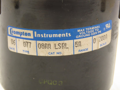 Crompton Instruments 08AA LSRL Ammeter 0-200A Panel Meter AC Amperes 4" Type 77