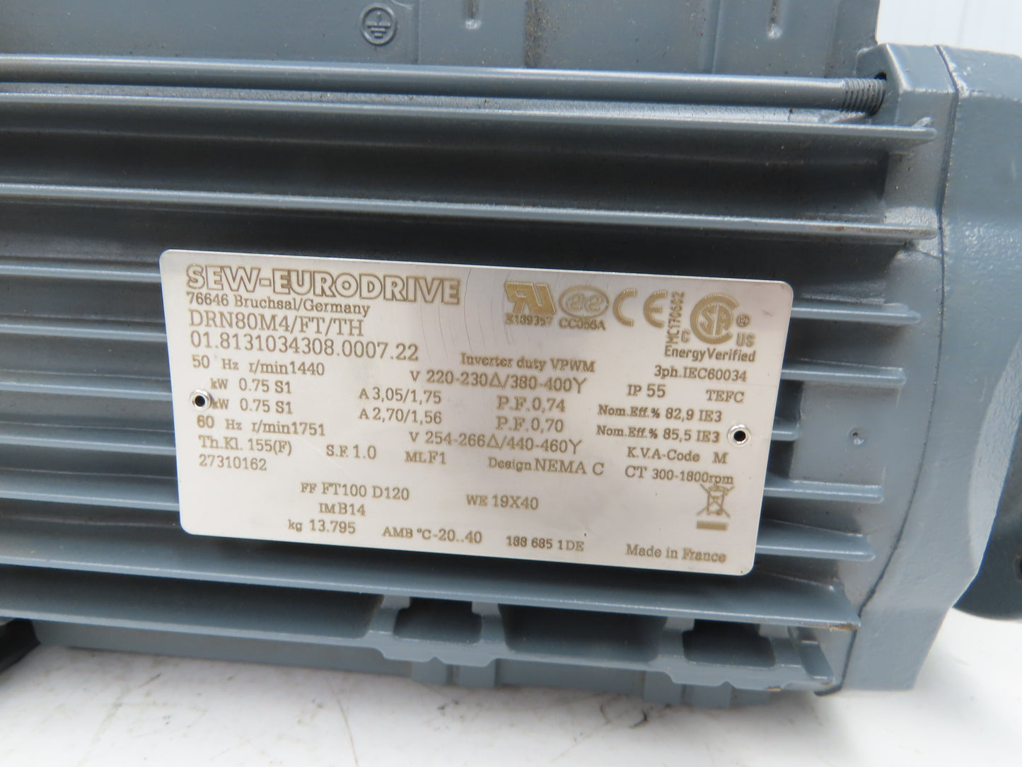 Sew Eurodrive DRN80M4/FT/TH AC Motor .75kW 1750rpm 200-230/380-400V 3ph 80M TEFC