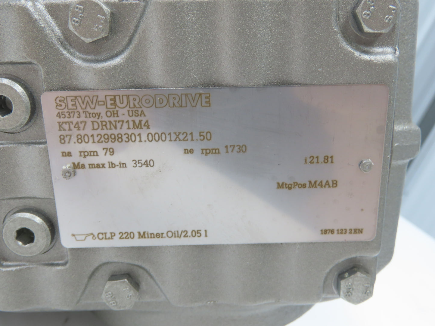 Sew Eurodrive KT47 DRN71M4 Gearmotor 21.81 Ratio .5Hp 230/460V 3PH 79rpm 90L