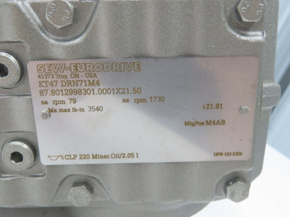 Sew Eurodrive KT47 DRN71M4 Gearmotor 21.81 Ratio .5Hp 230/460V 3PH 79rpm 90L
