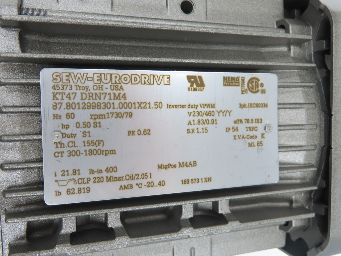 Sew Eurodrive KT47 DRN71M4 Gearmotor 21.81 Ratio .5Hp 230/460V 3PH 79rpm 90L