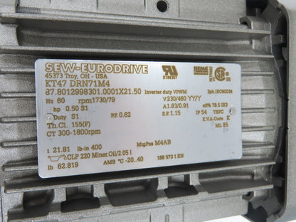 Sew Eurodrive KT47 DRN71M4 Gearmotor 21.81 Ratio .5Hp 230/460V 3PH 79rpm 90L