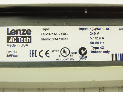 Lenze ESV371N02 SMVector AC Drive Variable Speed Inverter VFD .5Hp 230V 3Ph Read