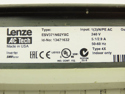 Lenze ESV371N02 SMVector AC Drive Variable Speed Inverter VFD .5Hp 230V 3Ph Read