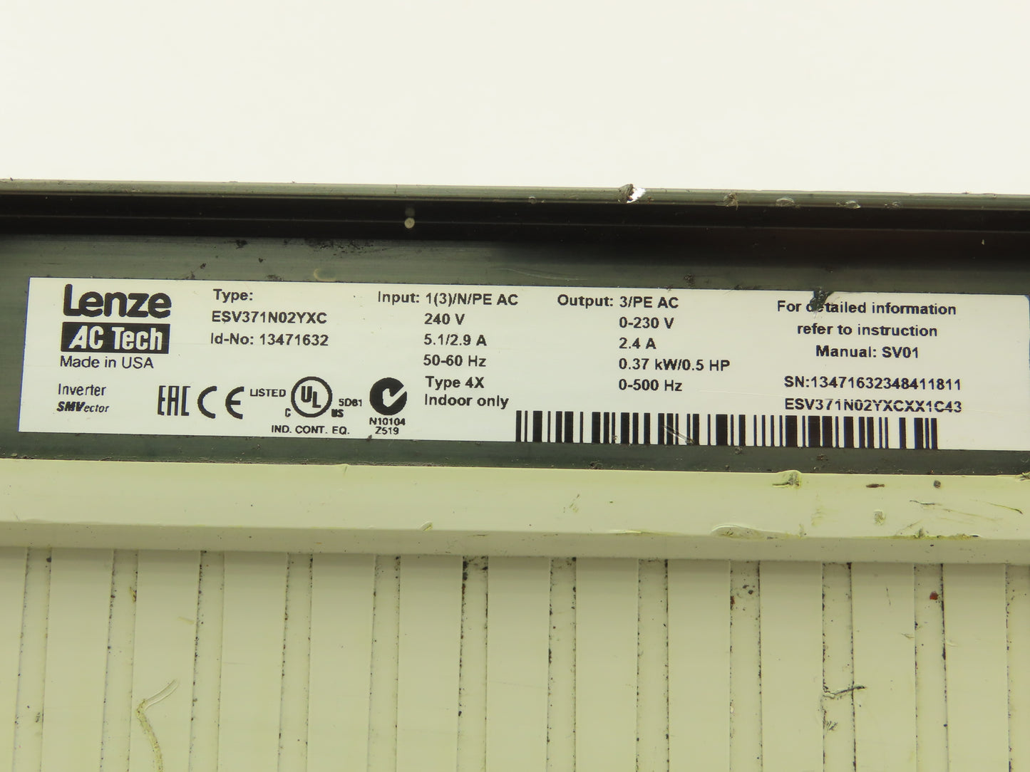 Lenze ESV371N02 SMVector AC Drive Variable Speed Inverter VFD .5Hp 230V 3Ph Read