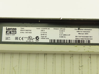Lenze ESV371N02 SMVector AC Drive Variable Speed Inverter VFD .5Hp 230V 3Ph Read