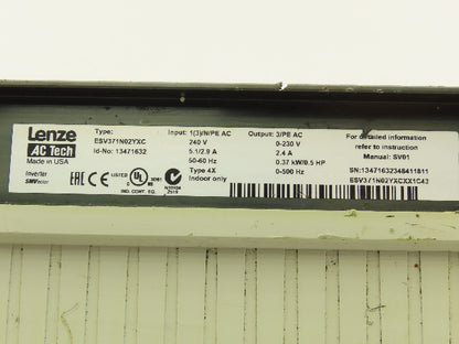 Lenze ESV371N02 SMVector AC Drive Variable Speed Inverter VFD .5Hp 230V 3Ph Read