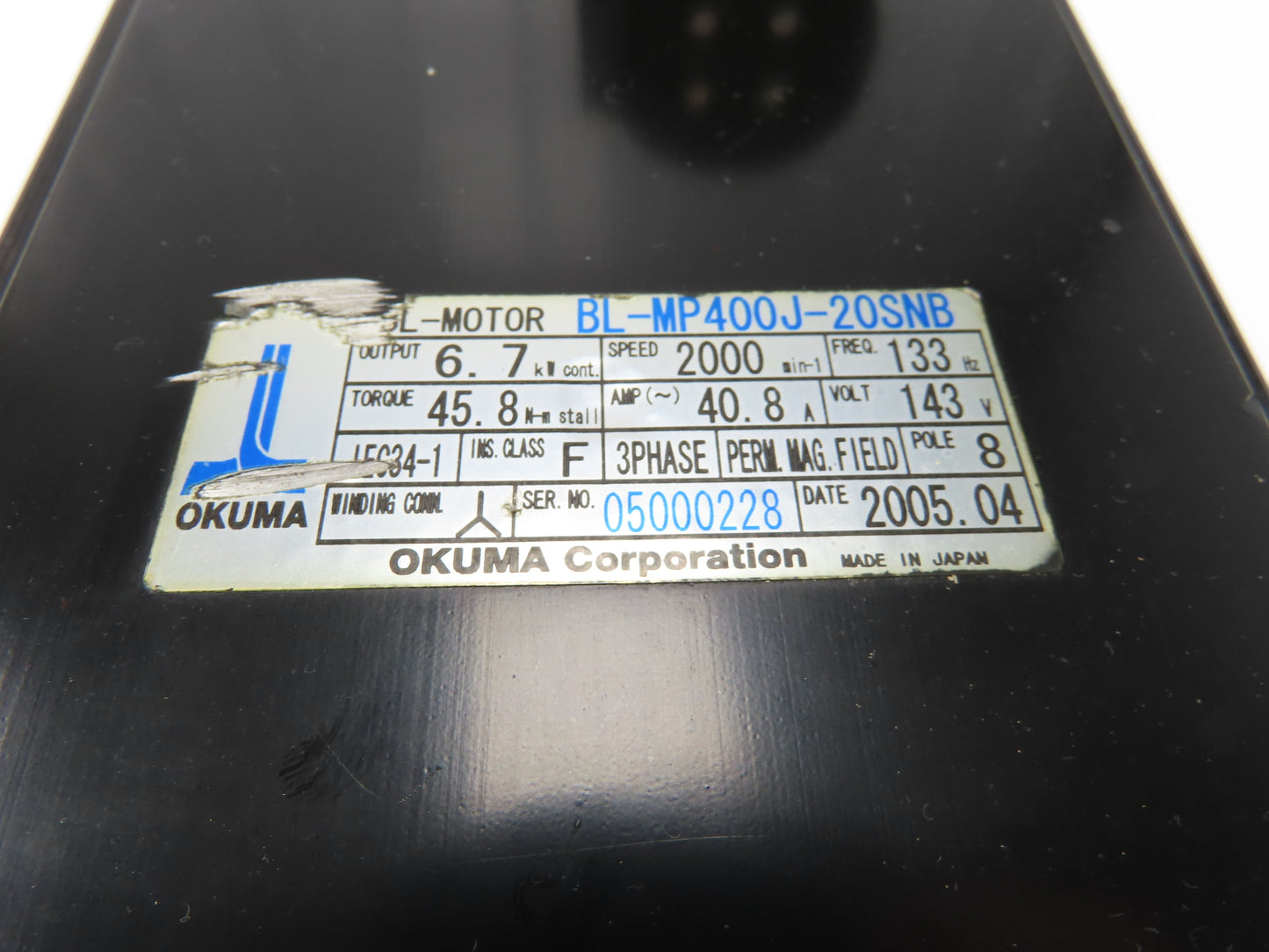 Okuma BL-MP400J-20SNB AC Servo Motor 6.7kW 2000 RPM 143V 40.8A 3PH With Encoder