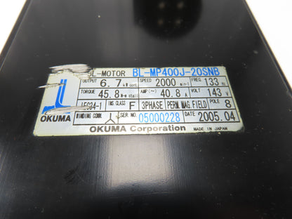 Okuma BL-MP400J-20SNB AC Servo Motor 6.7kW 2000 RPM 143V 40.8A 3PH With Encoder