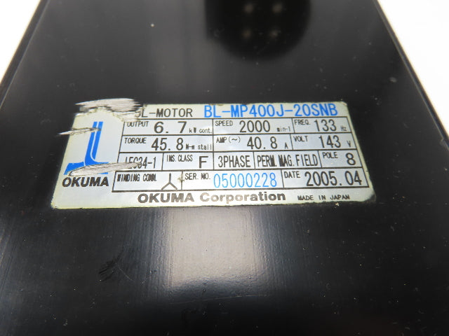 Okuma BL-MP400J-20SNB AC Servo Motor 6.7kW 2000 RPM 143V 40.8A 3PH With Encoder