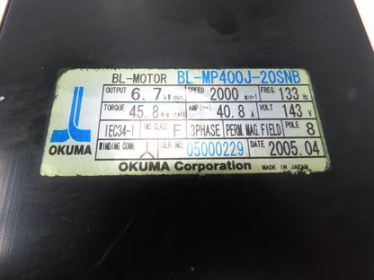 Okuma BL-MP400J-20SNB AC Servo Motor 6.7kW 2000 RPM 143V 40.8A 3PH With Encoder