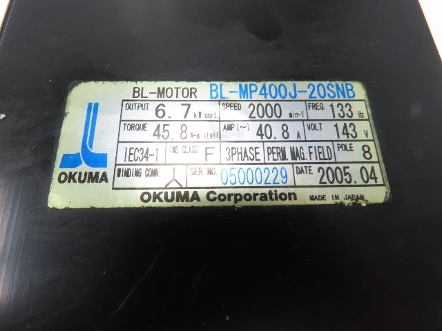 Okuma BL-MP400J-20SNB AC Servo Motor 6.7kW 2000 RPM 143V 40.8A 3PH With Encoder