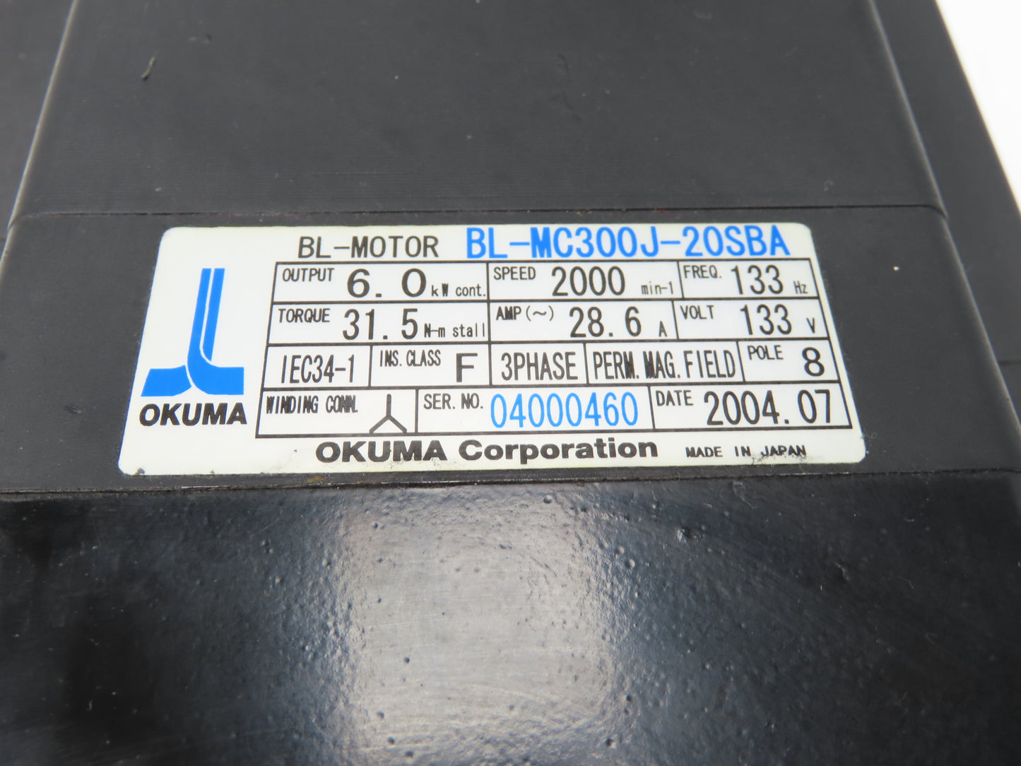 Okuma BL-MC300J-20SBA AC Servo Motor 6kW 2000 RPM 133V 28.6A 3PH With Encoder