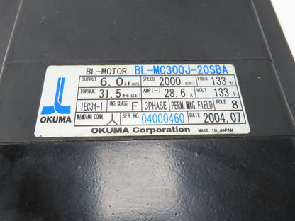 Okuma BL-MC300J-20SBA AC Servo Motor 6kW 2000 RPM 133V 28.6A 3PH With Encoder